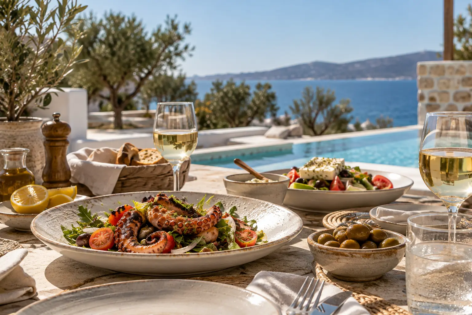Mediterranean private lunch served at a villa in Paros