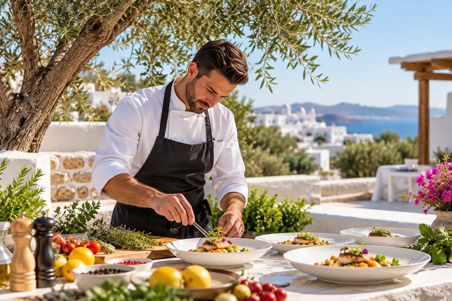 Private chef preparing a meal during a villa stay in Paros
